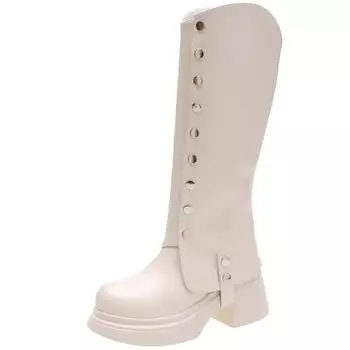 Модные женские высокие сапоги 2024 года, осень-зима, сапоги до колена, толстая подошва, кожаные панк-ботинки, женские на платформе, каблук 7,5 см, Botas Mujer 34 бежевый