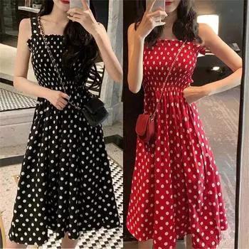Fashion Women Loose None Sleeve Polka Dot Shouldder Plus Size Casual Dress One Size чёрный