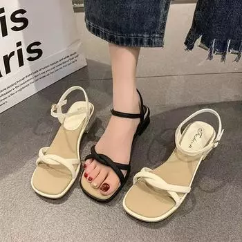 Модные женские босоножки на низком каблуке, летние 2024 г., новые туфли на высоком толстом каблуке с открытым носком, женские модные босоножки с поясом в одну линию, женская обувь 34