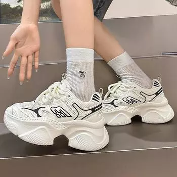 Fashion Women Luxury 7CM Thick Sole Sneakers Outdoor Casual Lace-Up Sports Mesh Breathable Running Comfortable Lightweight Walking Shoes 35