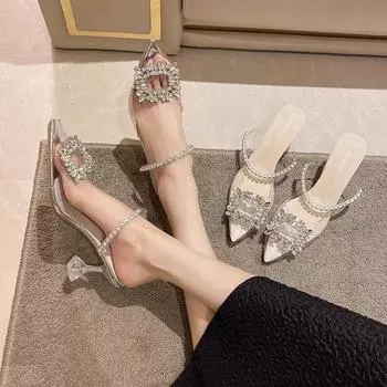 fashion Women Luxury High Heels Transparent Heel Sandals Women Fashion High Heels Pointed Toe Slip on Wedding Party shoes 35 покинуть белый