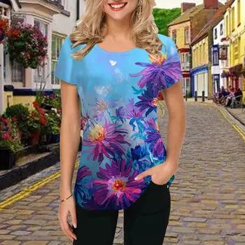 Fashion Women Manzhu Shahua Print T Shirt Funny Casual O-neck Short Sleeves T-shirt Summer Female Tee Shirt XS фиолетовый