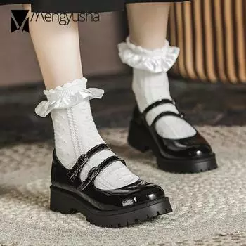 Fashion Women Mary Jeans Shoes Japanese Students Lolita JK Footwear Maid Uniform Oxford Lady Two Band Buckle Loafers Woman Flats Sneaker 4.5