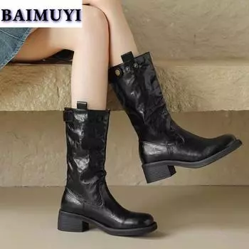 fashion Women Mid Heels Shoes Mid-calf Brand High Boots 2025 Trend Designer Casual Walking Chelsea Boots Winter New Pumps Mujer Botas 35 чёрный