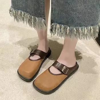 Fashion Women Mules Shoes Slippers Square Toe Flats Summer Designer Casual Outdoor Sandals 2024 New Cozy Flip Shoes for Women Leisure 35 хаки