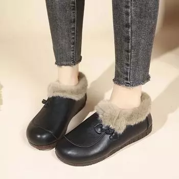 Fashion Women New Autumn and Winter Soft Leather and Velvet Warm Small Leather Shoes Simple Shallow Slip on Beanie Cotton Shoes 35 чёрный