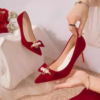 Fashion women New Classic Fashion Casual Red High Heels with Thin Heels and Pointed Points Shallow Mouth Banquet Bridal High Heels 34