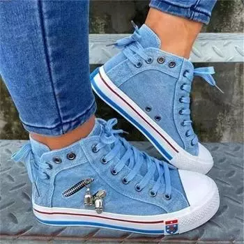Fashion Women New Denim Flat-heel Round Toe Lace-up Skull Metal Decoration High-top Comfortable Fashion Classic Platform Casual Sneakers 35
