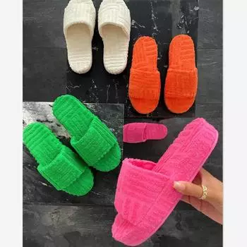 Fashion women new home slippers one-word thick-soled warm furry women shoes embossed cotton drag outdoor all-match casual slippers 38 оранжевый