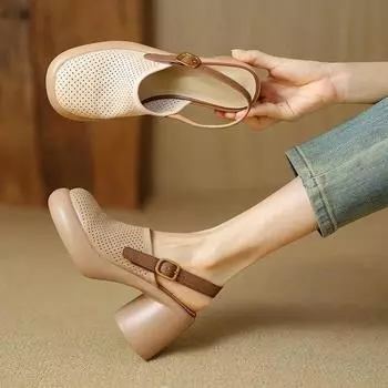 Fashion Women New Luxury Sandals Shoes Summer Mid Heels Chunky Casual Designer Dress Pumps Mules Breathable Shoes Zapatos Ladies 35 белый