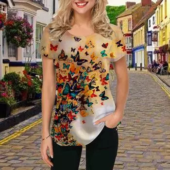 Модная женская футболка с принтом оранжевой бабочки, забавная повседневная футболка с круглым вырезом и короткими рукавами, летняя женская футболка XS розовый