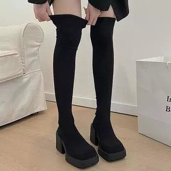 fashion Women Over The Knee Sock Boots Mid Heels Chunky Shoes 2024 Winter Designer Platform New Walking Shoes Pumps Brand Mujer Zapatos 35 чёрный