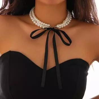 Модные женские ожерелья из жемчуга, винтажные многослойные искусственные жемчужины, бисерные шнуровки, длинные ленты, банты, колье, ожерелья, украшения для ключицы