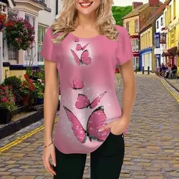 Fashion Women Pink Butterfly Print T Shirt Funny Casual O-neck Short Sleeves T-shirt Summer Female Tee Shirt XS розовый