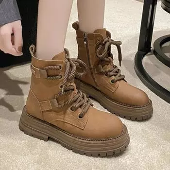 Fashion Women Platform Ankle Snow Boots High Heels Leather Shoes Casual Sneakers Woman High Quality Brand Winter Trend Sport Botas Mujer 35 коричневый