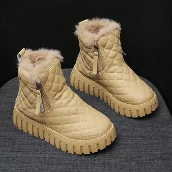 fashion Women Platform Flats Fur Ankle Boots Leather Shoes 2025 Winter Trend New Gladiator Short Plush Warm Sneaker Fashion Botas Mujer 35 чёрный