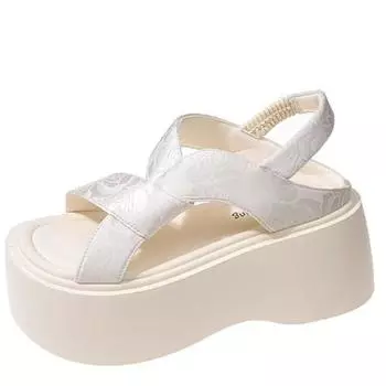 модные женские босоножки на платформе с высоким каблуком, новинка 2024 года, летние дизайнерские туфли на толстой танкетке с принтом, пляжные тапочки, женские спортивные сандалии-гладиаторы 34 бежевый