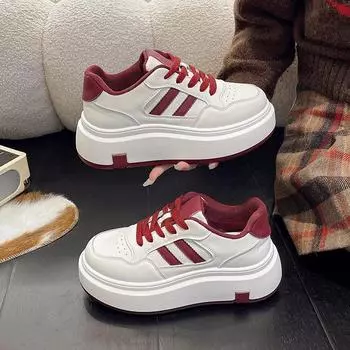 Fashion Women Platform Shoes Spring Autumn Casual Patchwork Leather Sneakers Girls Thick Bottom Vulcanised Shoes Ladies Chaussure Femme 35 красный