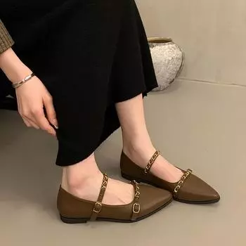 Fashion Women Pointed Toe Flats Mary Jane Shoes Women New Fashion Luxury Low Heel Shallow Slip on Casual Loafers Riveted Single Shoes 35 чёрный