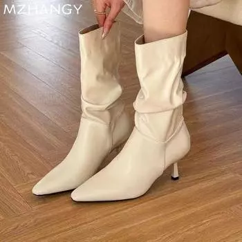Fashion Women Pointed Toe Snow Mid Calf Boots Leather Sexy High Heels Pleated Shoes Woman 2024 Trend Winter Elegant Pumps Mujer Botas 35 бежевый