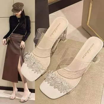 Fashion Women Pumps Slippers Ladies Square Toe Female Slides Summer Shoes Sandals High Heels 2024 sandals woman luxury 35 бежевый