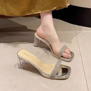 Fashion Women Pumps Slippers Ladies Square Toe Female Slides Summer Shoes Sandals High Heels 2024 Indoor sandals woman luxury 35 бежевый