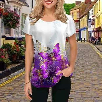 Модная женская фиолетовая футболка с принтом бабочек, забавная повседневная футболка с круглым вырезом и короткими рукавами, летняя женская футболка XS розовый