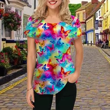 Fashion Women Rainbow Butterfly Print T Shirt Funny Casual O-neck Short Sleeves T-shirt Summer Female Tee Shirt XS синий