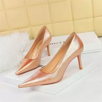 Fashion Women Retro Shallow Mouth Pointed Toe Silver Glossy Thin High Heels Gold Pink Bling Soft Leather Party Single Shoes 34(Foot22cm)