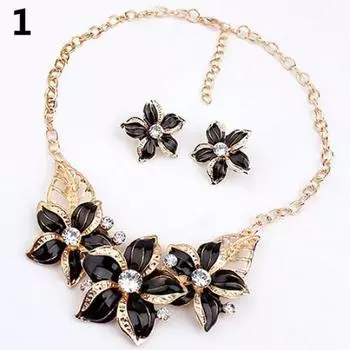 Fashion Women Rhinestone Flower Statement Pendant Necklace Earrings Jewelry Set ARI