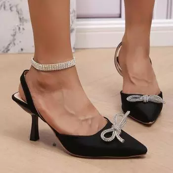 Модные женские туфли на высоком каблуке со стразами, сексуальные черные туфли с бантом и острым носком, туфли на шпильках для вечеринок, модные туфли без застежек для женщин, свадебные туфли 43
