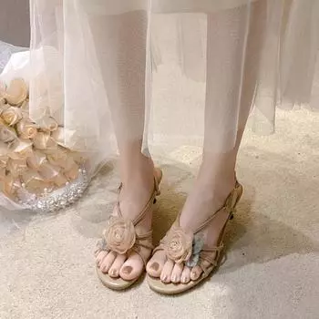 fashion Women s 2024 Summer New Slim Striped Open Toe French Vintage Camellia Flower High Heels with Sandals, Slim Heels Sexy 34