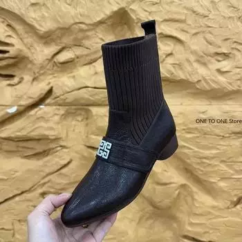 Fashion Women s Ankle Boot Mid Heel Fashion Square Toe Knitted Soft and Comfortable Breathable Stretch Boots 2024 New Female Footwear 35 коричневый