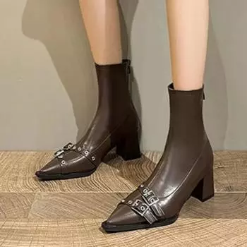 Fashion Women s Ankle Boots 2025 New PU Leather Punk Style Buckle Design Fashion Boots Sexy Pointed Toe Spring and Autumn Mujer Zapatos 35 чёрный