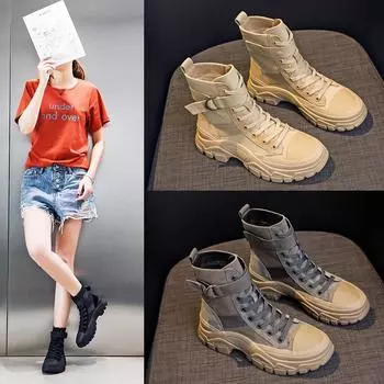 Fashion Women s Autumn Winter 2024 New Motorcycle Velvet Boots Thin and Thick Fleece Fashion Short Boots 7cm Height Increasing Shoes 35 бежевый