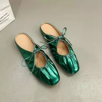 Fashion Women s Baofeng Half Drag Autumn New Square Head Shallow Mouth Pleated Lace-up Flat Sandals 35 розовый