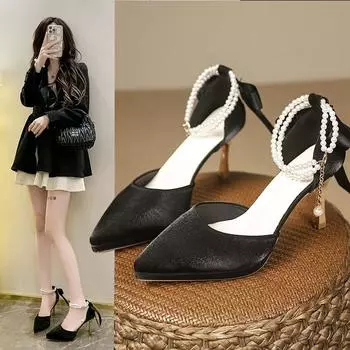 Fashion Women s Baotou Sandals Autumn New Pointed Head Shallow Mouth Satin Waterproof Platform Beaded High Heels 35 синий