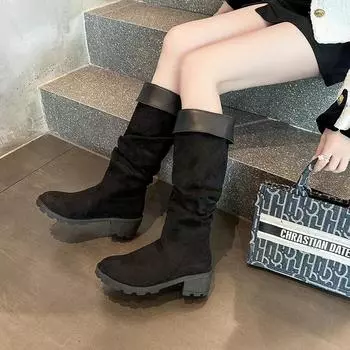 Fashion Women s Boots 2024 Winter New Round Toe 43 Size Fashion Raised Suede Trendy Long Tube Boots Anti Slip Leather Boots Botas Mujer 36