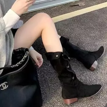 Fashion Women s Boots Autumn and Winter New Pointed Mid Length Western Cowboy Shoe Womens Lapel Pleated Pile Up Boot Women Shoes Ladies 35 хаки