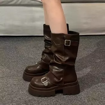 Fashion Women s Boots Brown Maillard Retro New Spring Autumn Height Increasing Comfortable Anti Slip Fashion Belt Buckle Boots 35 коричневый