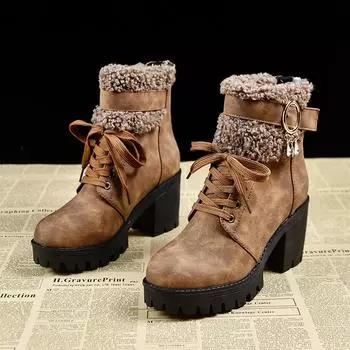 Fashion Women s Boots High Heels Shoes for Woman Ankle Winter Platform Furry Gothic Fashion Snow Elegant Heeled Chunky Round Toe Black 35 коричневый