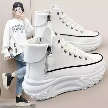fashion Women s Boots High Top Autumn Round Toe Thick Sole Height Increasing Lace Up Zipper Platform Casual Board Shoes Boots 2025 35 белый