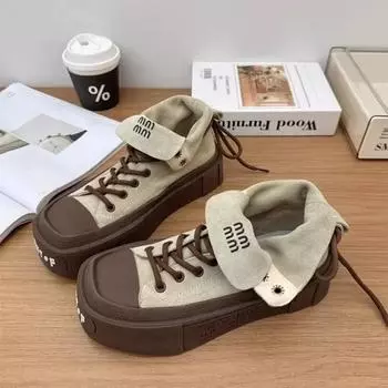 Fashion Women s Boots Matte Leather Lapel High Top Casual Shoes for Ladies Letter Thick Sole Retro Height Increasing Skateboard Shoes 35 серый