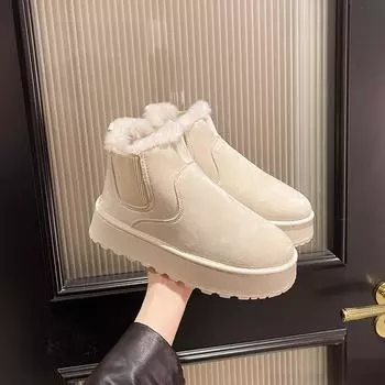 fashion Women s Boots Round Toe Flat Shoes for Women Slip-on Platform Snow Boots Outdoor Anti-slip Fashion Solid Color Ankle Woman Shoes 35 чёрный