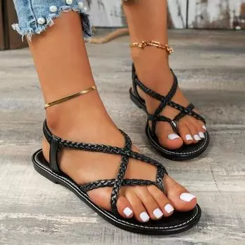 fashion Women s Braided Flat Sandals Casual Clip Toe Summer Shoes Lightweight Elastic Band Sandals Gold Silver Footwear 36 чёрный