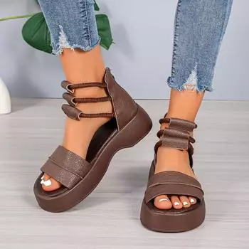 Fashion Women s Brown Sandals Black 2024 Summer Women pu Leather Cool Ankle Boots Platform Shoes Med Heels Fashion Outdoor Sandalias 35 коричневый