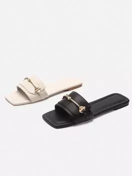 Fashion Women s Buckle Decor Flat Slide Sandals Fashion Square Open Toe Summer Shoes Casual Outdoor Beach Slides 35 бежевый