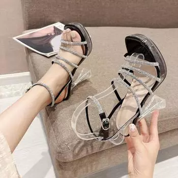 Fashion Women s Buckle Strap Square Toe Exposed Rhinestone Straight Strap Transparent High-heeled Sandals Party Shoes 34 чёрный