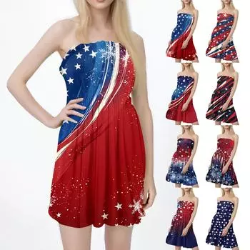 Fashion Women s Casual Bandeau Independence Day Print Sleeveless Dress XXL чёрный