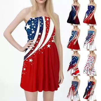Fashion Women s Casual Bandeau Independence Day Print Sleeveless Dress XXL винный